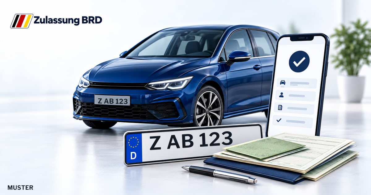 Online Fahrzeugzulassung in Zwickau: Musterkennzeichen Z AB 123, Auto und Fahrzeugpapiere und Smartphone. Illustration mit Logo von Zulassung BRD.
